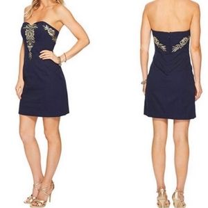 Lilly Pulitzer Navy Blue Strapless Dress With Gold Embroidery. Size 2